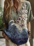 Classy Vintage Gradient Japanese Sakura Cherry Blossoms Embroidered Pattern Linen V Neck T-shirt elevenforest