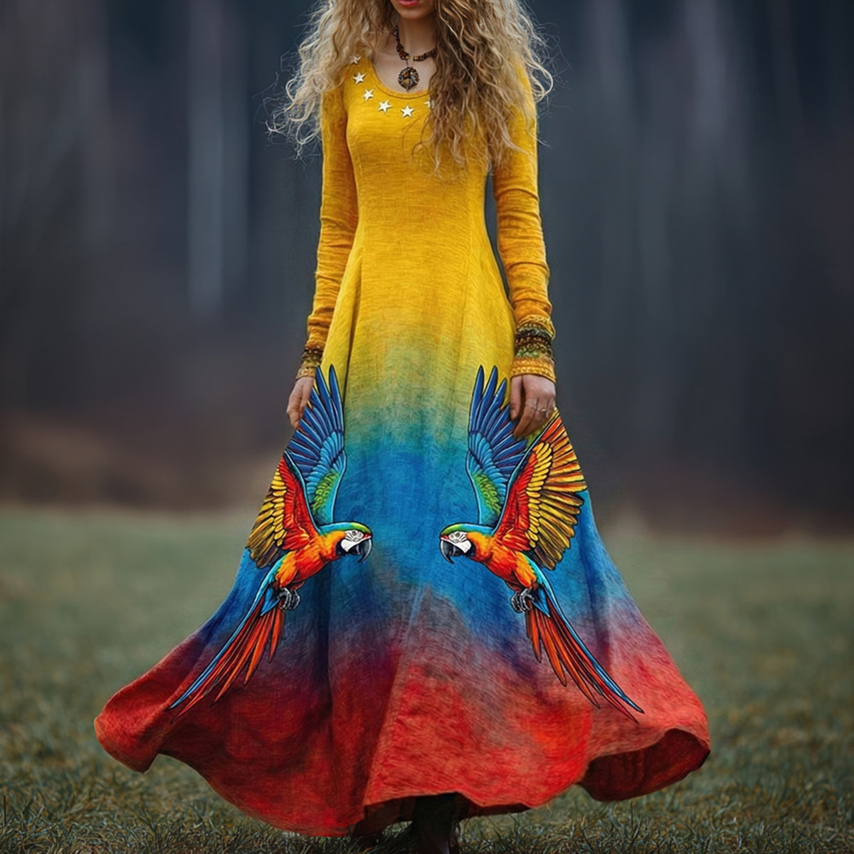 Women's Vintage Venezuelan Macaw Gradient Round Neck Long Sleeve Midi Dress elevenforest