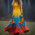 Women's Vintage Venezuelan Macaw Gradient Round Neck Long Sleeve Midi Dress elevenforest