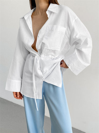 Tossy White Lace-up Shirts Outwear ’s Long Sleeve Patchwork Bandage Cardigan Clothes Female Blouse Coat New