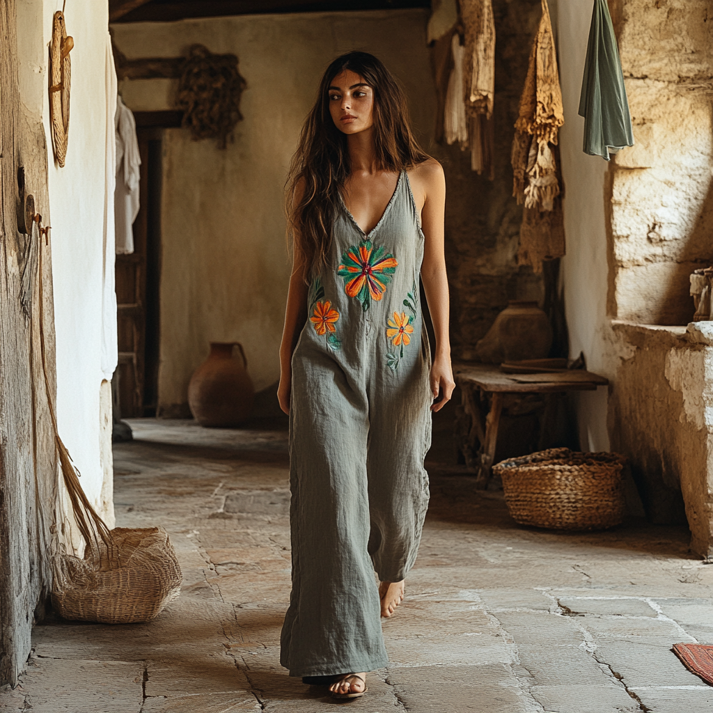 Vintage Floral Embroidered Pattern Art Linen Blend Loose Casual Jumpsuit elevenforest
