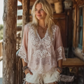 Bohemian Vintage Lace Patchwork Cotton And Linen V-neck Top elevenforest