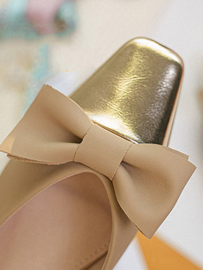Bowknot Contrast Color Shallow Cut Split-joint Square-toe Flats