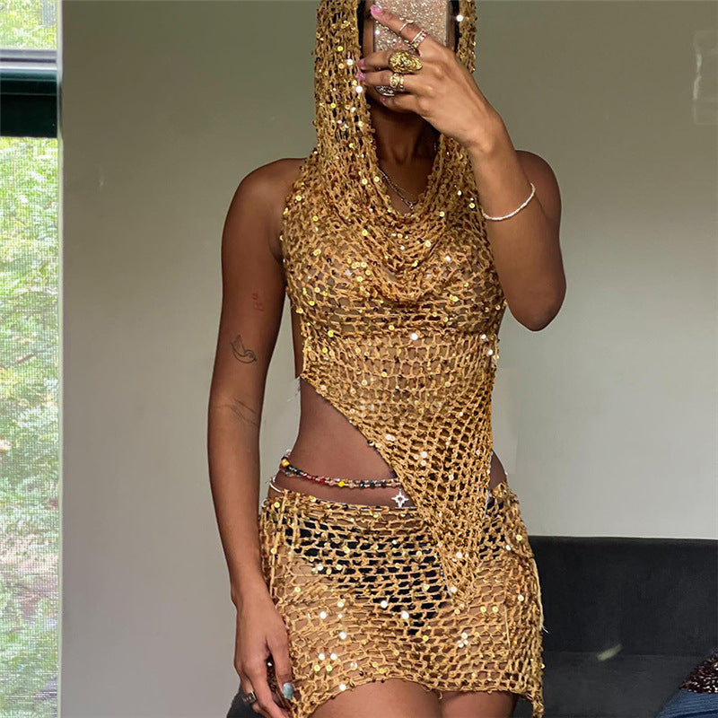 Summer Clothing Cutout Knitted Sequined Top High Waist Hip Wrapped Skirt Set for