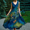 Vintage Oil Floral Embroidered Art Comfy V Neck Linen Maxi Dress elevenforest