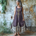 Women's Vintage Tribal Tree Of Life Patchwork Linen Blend Midi Dress elevenforest