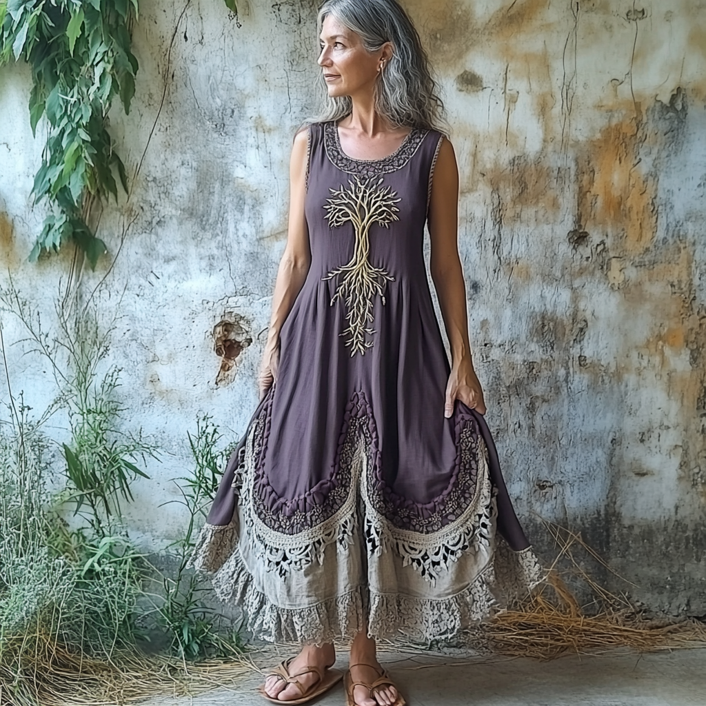 Women's Vintage Tribal Tree Of Life Patchwork Linen Blend Midi Dress elevenforest