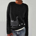 Fuzzy Cat & Paw Prints Embroidered Cozy Knit Sweater
