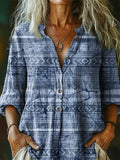 Women's Vintage Ethnic Floral Art Print Casual Cotton And Linen Shirt
