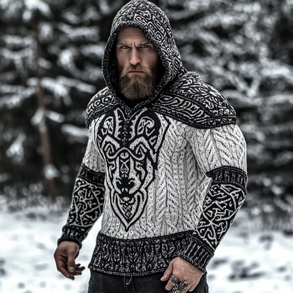 Men's Viking Warrior Knit Knit Jacquard Warm Hooded Sweater elevenforest