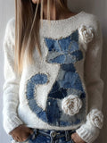 Cat Denim Patchwork White Roses Cozy Knit Sweater elevenforest