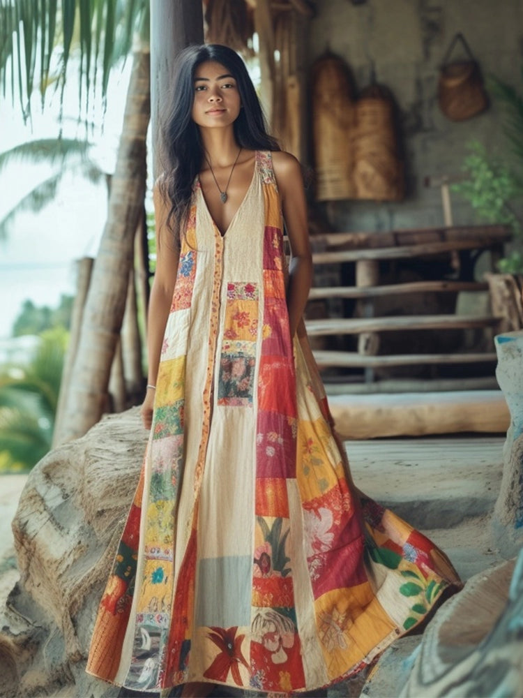 Vintage Boho Floral Patchwork V Neck Linen Maxi Dress elevenforest