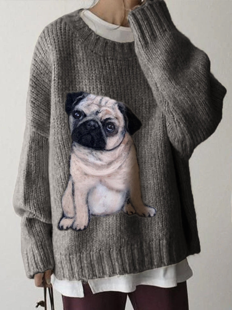 Comstylish Lovely Pug Dog Wool Art Cozy Knit Sweater