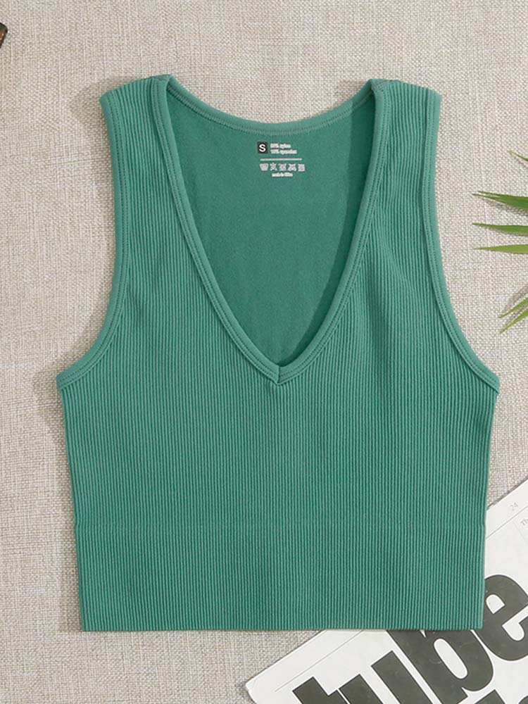 Crop Top V-neck Sports Seamless Knitted Tank Tops Ribbed Fitness Running Elastic Workout Vest Top