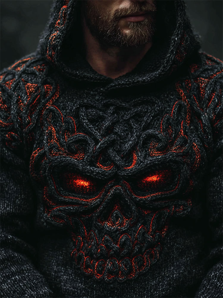 Men's Halloween Skull Celtic Knot Chunky Cozy Knit Hooded Sweater elevenforest