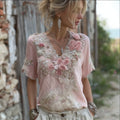 Vintage Pink Boho Floral Embroidered Flowy Linen T Shirt elevenforest