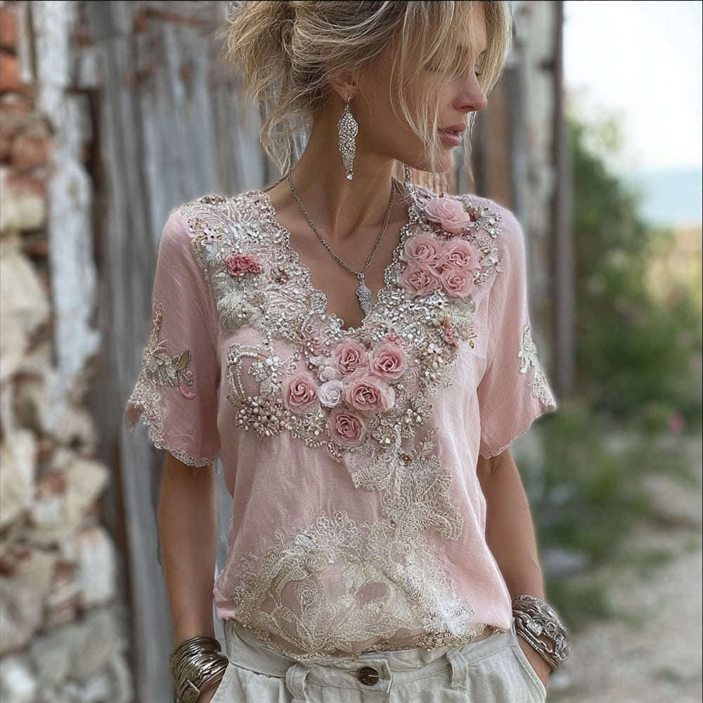 Vintage Pink Boho Floral Embroidered Flowy Linen T Shirt elevenforest