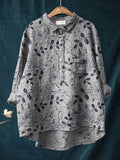 Vintage Lovely Floral Art Print Casual Cotton And Linen Shirt