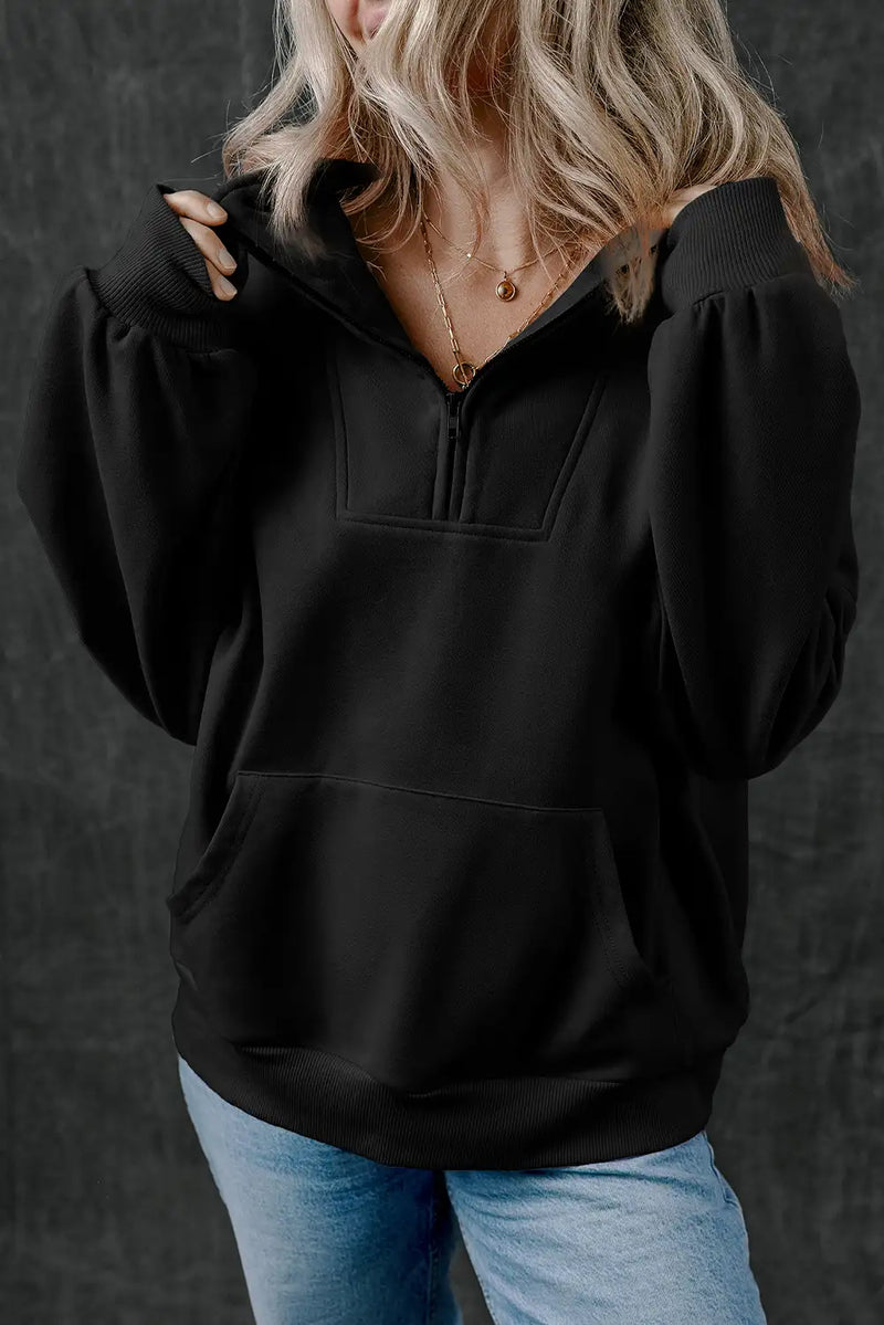 Black Zip Up Stand Neck Sweatshirt