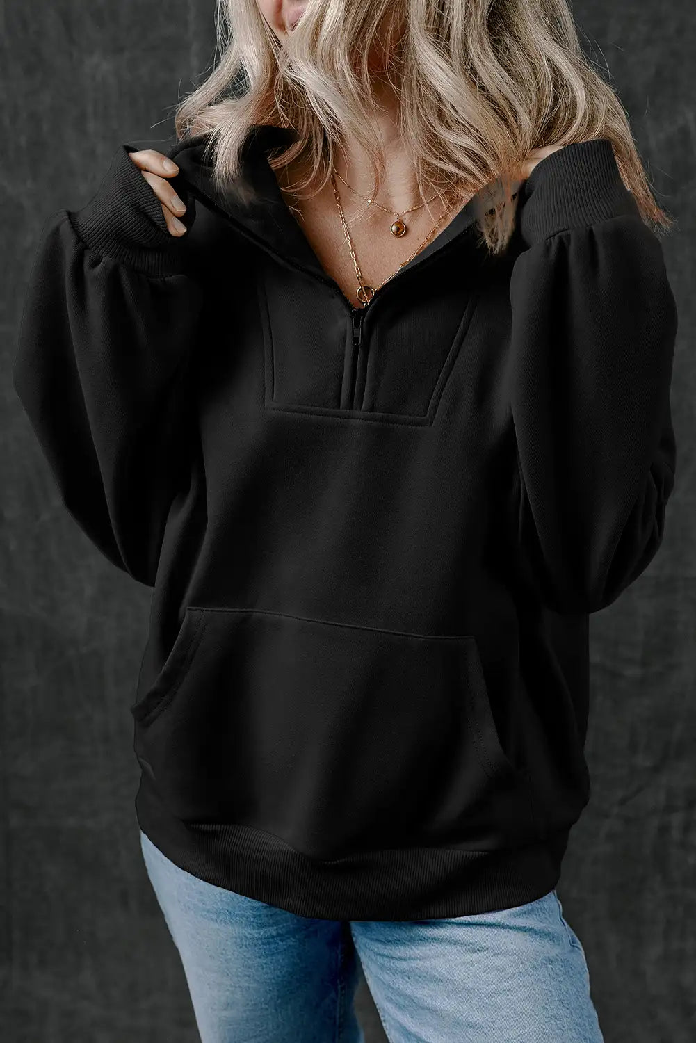 Black Zip Up Stand Neck Sweatshirt