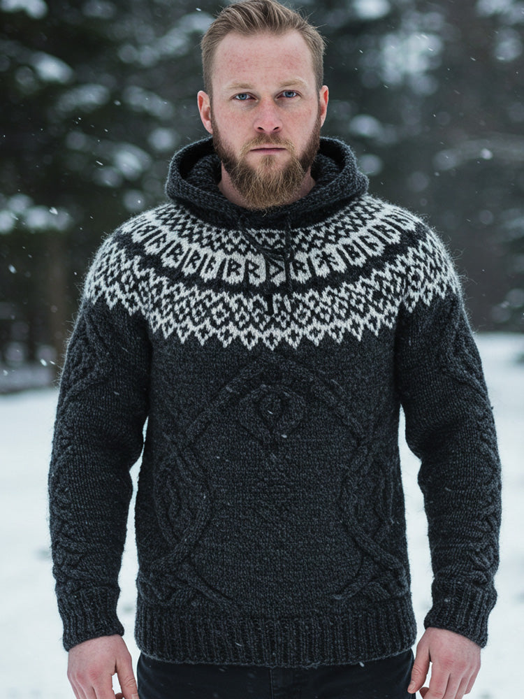 Men's Vintage Viking Inspired Celtic Jacquard Hooded Sweater elevenforest