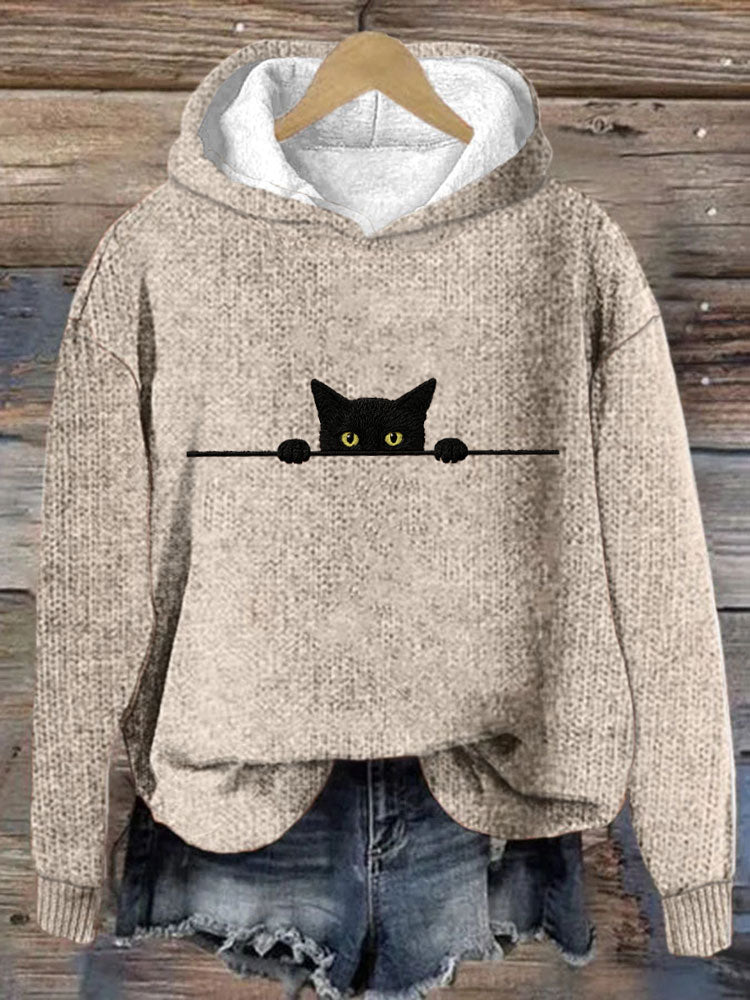 Women's Casual Funny Black Cat Print Hood Sweater elevenforest