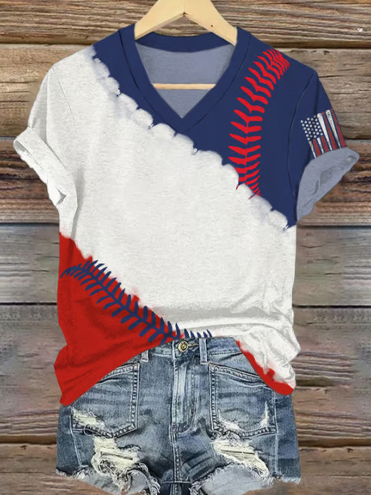 Comstylish Women's Baseball Flag Printed Short-sleeved T-shirt
