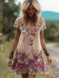 Vintage Boho Floral Lace Embroidery Women's Linen Short Sleeve Mini Dress elevenforest