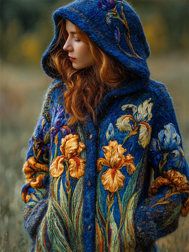 Vintage Irises Felt Embroidered Cozy Knit Hooded Cardigan elevenforest