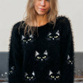 Lovely Black Cat Faces Fuzzy Cozy Knit Sweater elevenforest