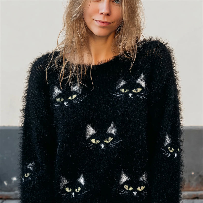 Lovely Black Cat Faces Fuzzy Cozy Knit Sweater elevenforest