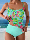 Women's Abstract Print Belly-Controlled Tank Top Strapless Solid Color Bikini High Waist Shorts Two-Piece Swimsuit Set