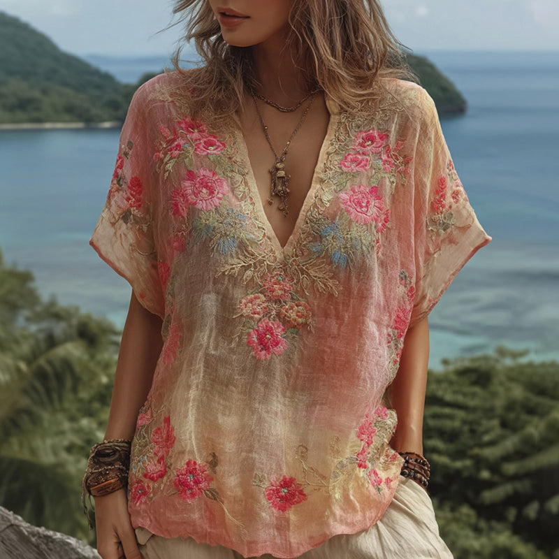 Women's Floral Embroidered Linen Blend T-shirt elevenforest