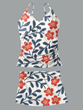 V-Neck Vintage Flowers Print Suspender Skirt Tankini Pantskirt Set Swimsuit