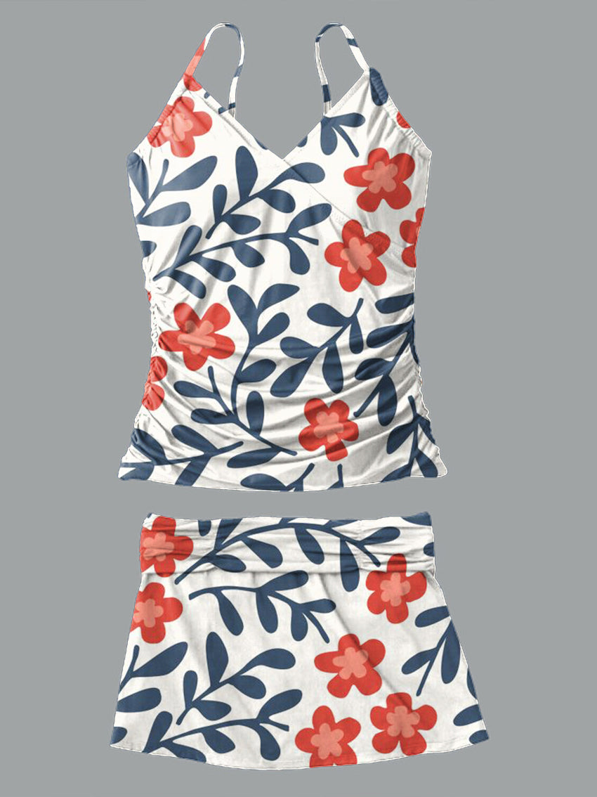 V-Neck Vintage Flowers Print Suspender Skirt Tankini Pantskirt Set Swimsuit