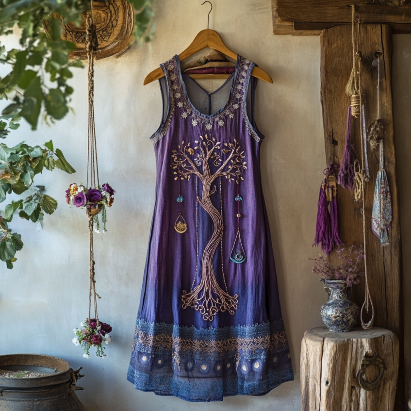 Vintage Viking Tribal Celtic Knot Life Of Tree Lace Patchwork Art Linen Tank Dress elevenforest