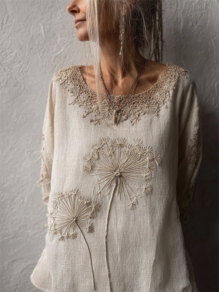 Vintage Dandelion Embroidered Lace Hem Linen Tunic elevenforest