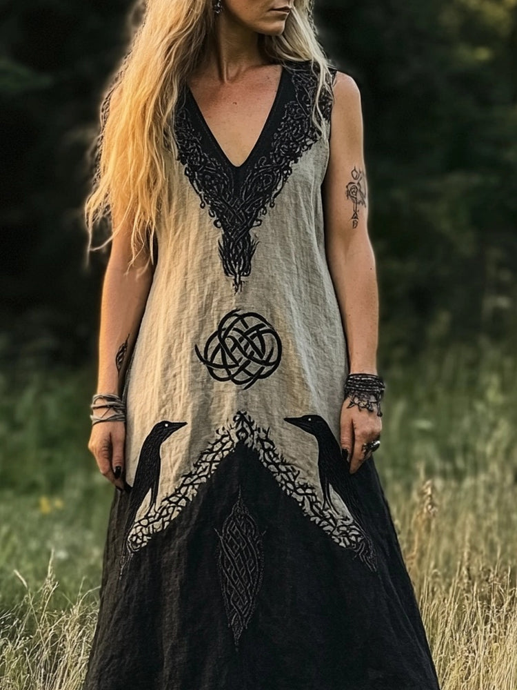 Mystical Viking Raven Embroidered Contrast Linen Dress elevenforest