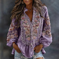 Women's Floral Embroidered Art Print Flowy Linen Blend Casual Tops elevenforest