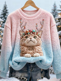 Christmas Antler Cat Design Women's Flannel Sweater elevenforest