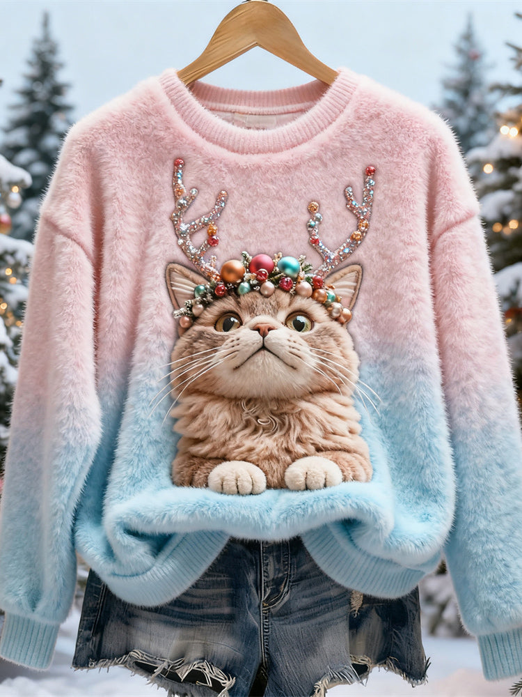 Christmas Antler Cat Design Women's Flannel Sweater elevenforest