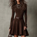 Comstylish Retro Elegant Round Neck Suede Midi Dress