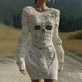 Women's Vintage Halloween Skull With Rose Art Cozy Knit Mini Sweater Dress elevenforest