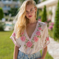 Vintage Pink Rose Embroidery Art Linen Blend T-shirt elevenforest