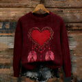 Retro Valentine's Day Love Heart Feather Round Neck Sweater elevenforest