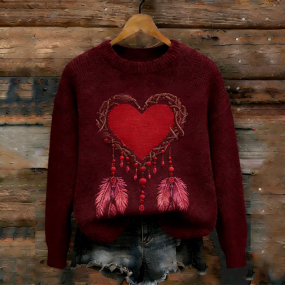 Retro Valentine's Day Love Heart Feather Round Neck Sweater elevenforest