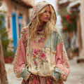 Love and Wellness Collection Classic Floral Patchwork Art Linen Long-Sleeve Hoodie