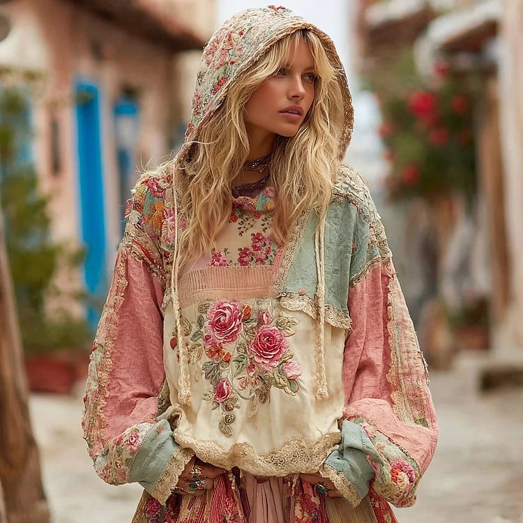 Love and Wellness Collection Classic Floral Patchwork Art Linen Long-Sleeve Hoodie