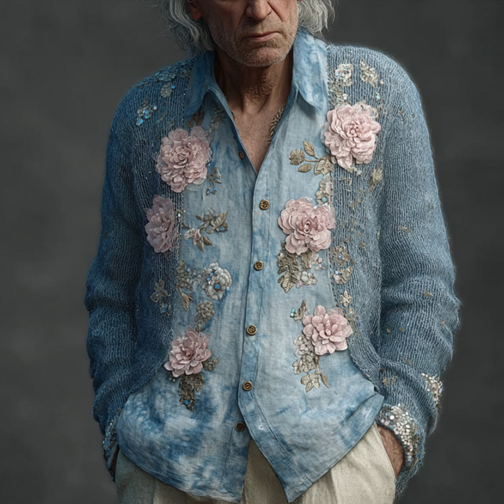 Bohemian Style Blue Tie-dye Embroidered Sequined Floral Cardigan Long-sleeved Top elevenforest