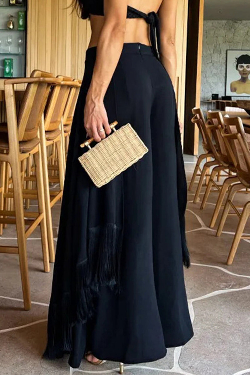 Irregular Fringed Hem Boot Cut Speaker Bottoms(3 Colors)